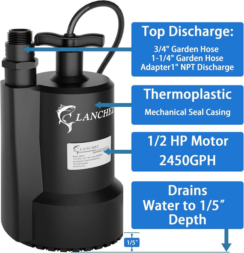 LANCHEZ Sump Pump, 1/2 HP 2450GPH Submersible Water Pump, Thermoplastic Portable Electric Transfer Pump Utility Pump for Hot Tub Swimming Pool Basement Garden Pond Tubs Draining with 10FT Cord, Manual - Image 3